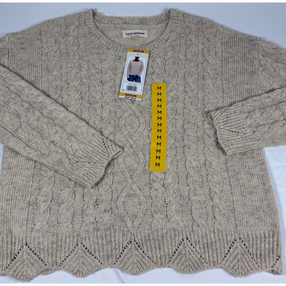 Lucky Brand Women Cream Cable Knit Scalloped Hem Metallic Sweater 157989 Medium